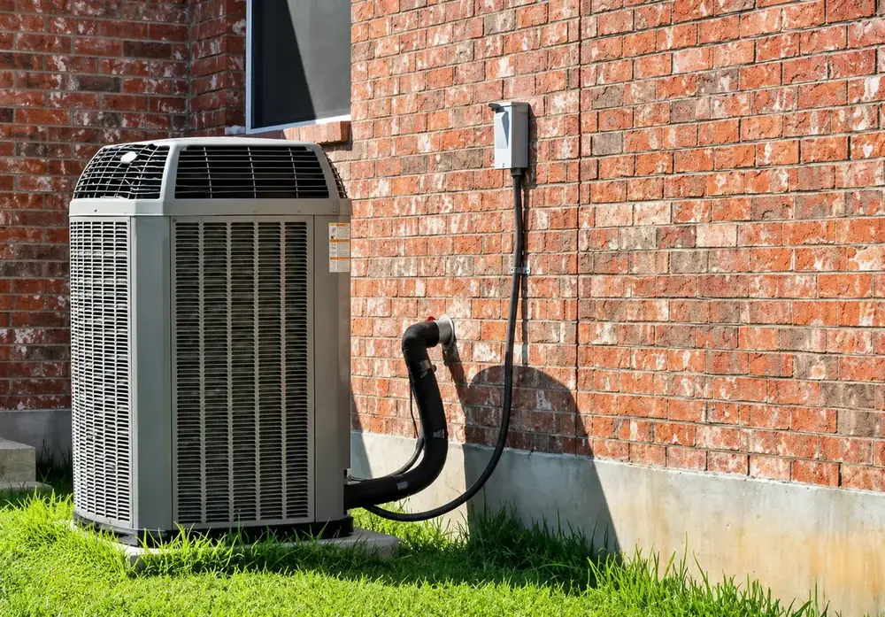 Central air conditioning condenser outside a brick home