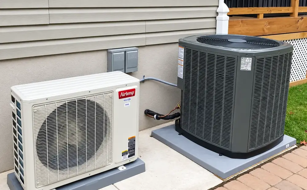 Two outdoor air conditioning units installed side by side on concrete pads